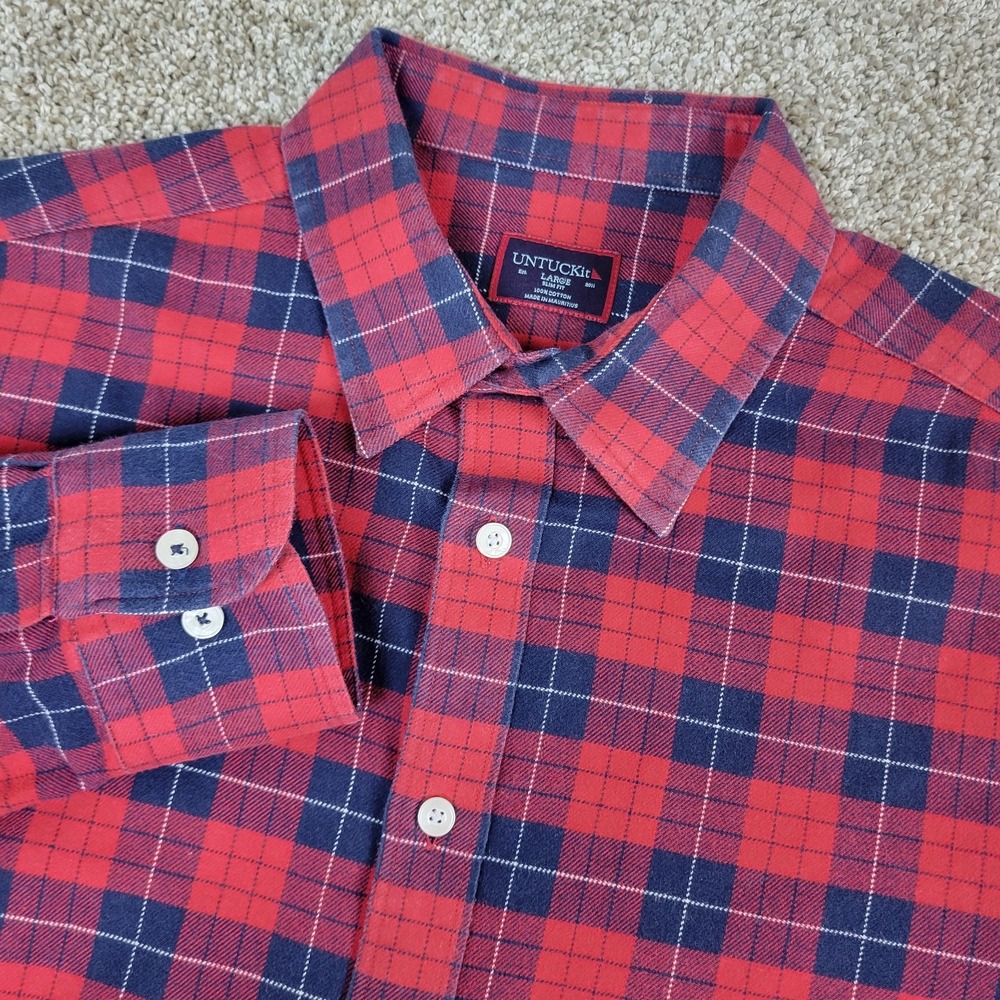Untuckit Slim Fit‎ Mens Large Red Blue Plaid Button Up Long Sleeve Flannel